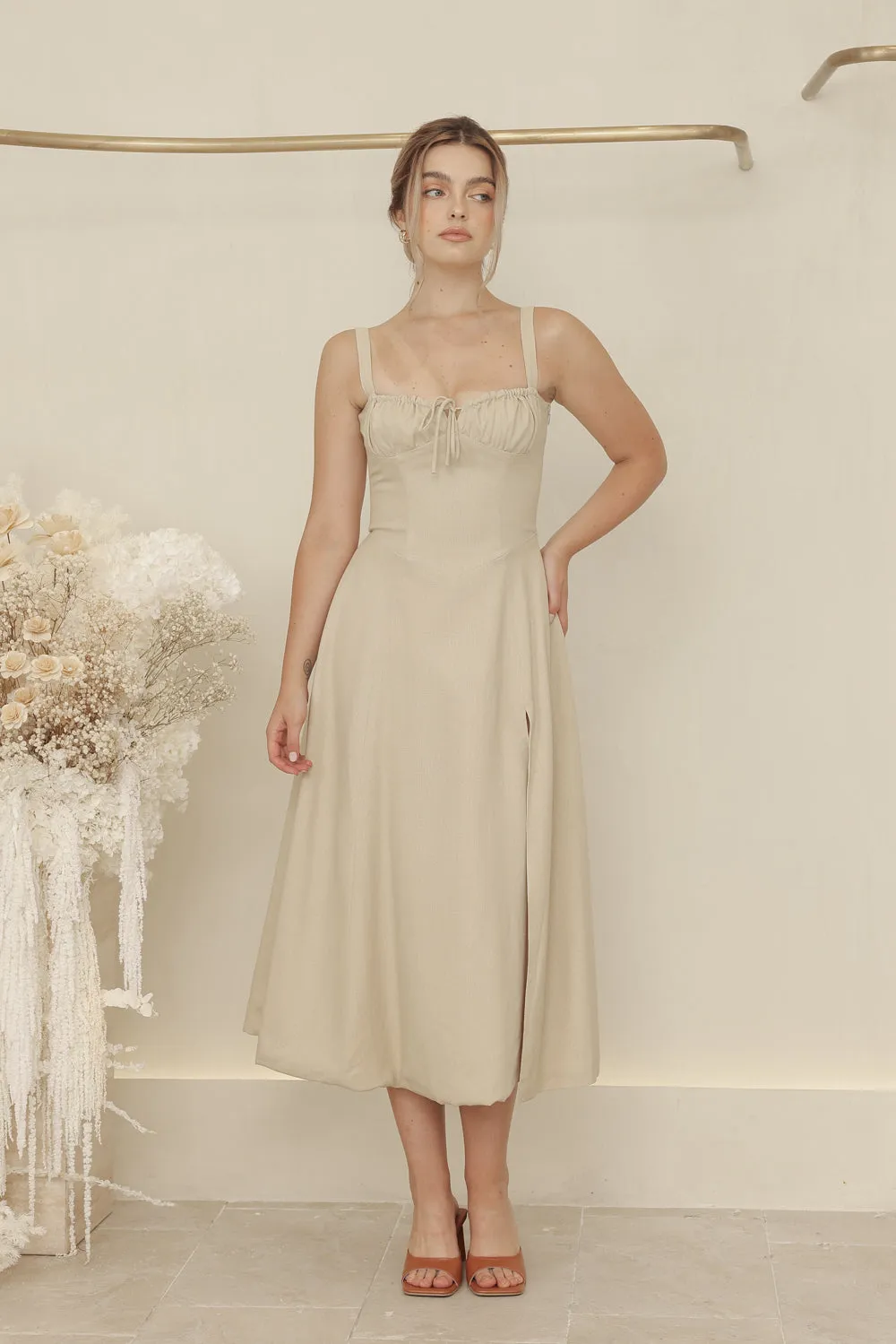 AMOUR Strappy Corset Style Midi Dress with Lace Up Back Detail (Nude Linen)