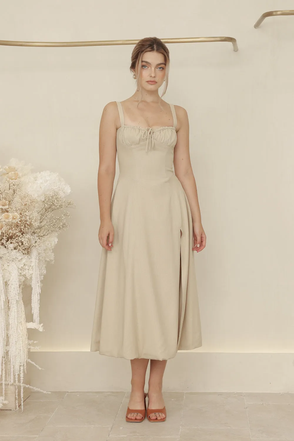 AMOUR Strappy Corset Style Midi Dress with Lace Up Back Detail (Nude Linen)