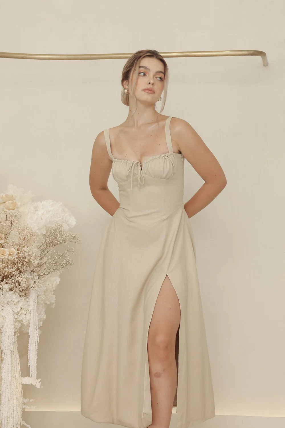 AMOUR Strappy Corset Style Midi Dress with Lace Up Back Detail (Nude Linen)