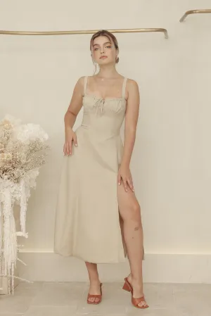 AMOUR Strappy Corset Style Midi Dress with Lace Up Back Detail (Nude Linen)