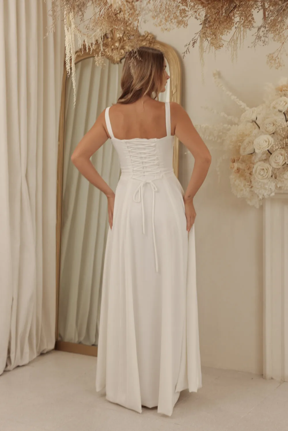 ANNABELLE Strappy Corset Style Full Length Silk Dress with Slit and Lace Up Back Detail (White Silk Crepe)