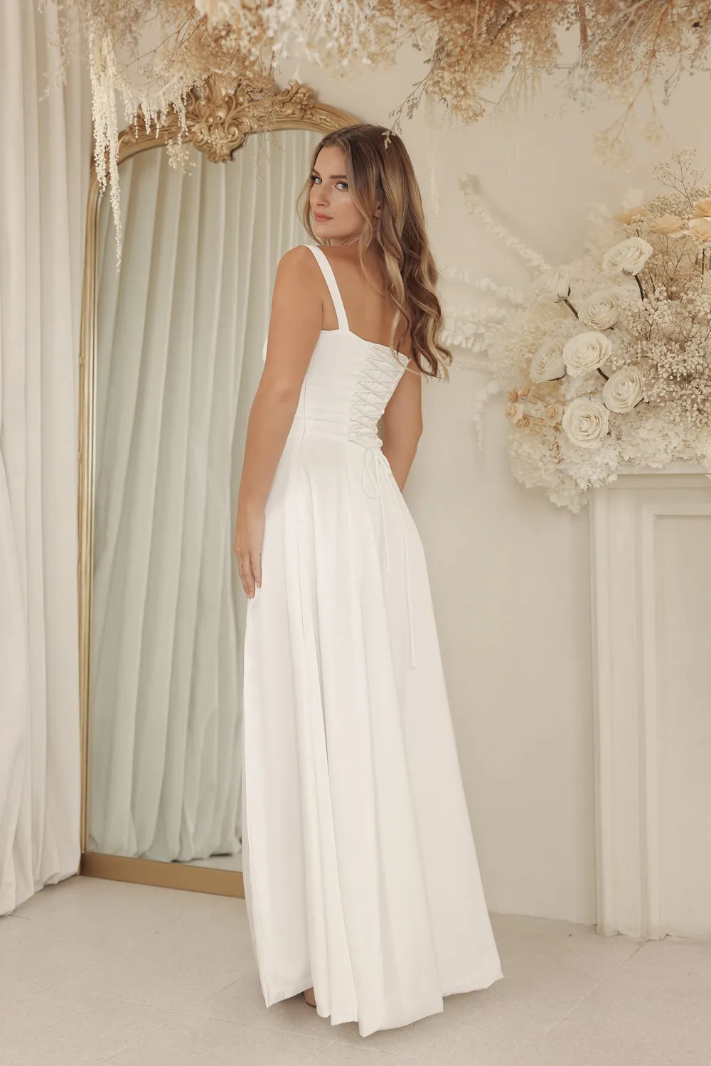ANNABELLE Strappy Corset Style Full Length Silk Dress with Slit and Lace Up Back Detail (White Silk Crepe)
