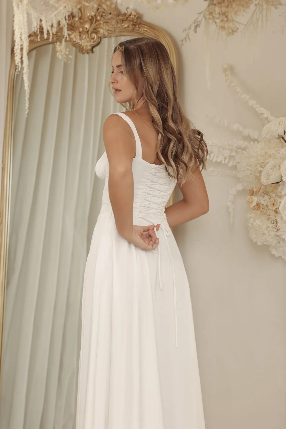 ANNABELLE Strappy Corset Style Full Length Silk Dress with Slit and Lace Up Back Detail (White Silk Crepe)