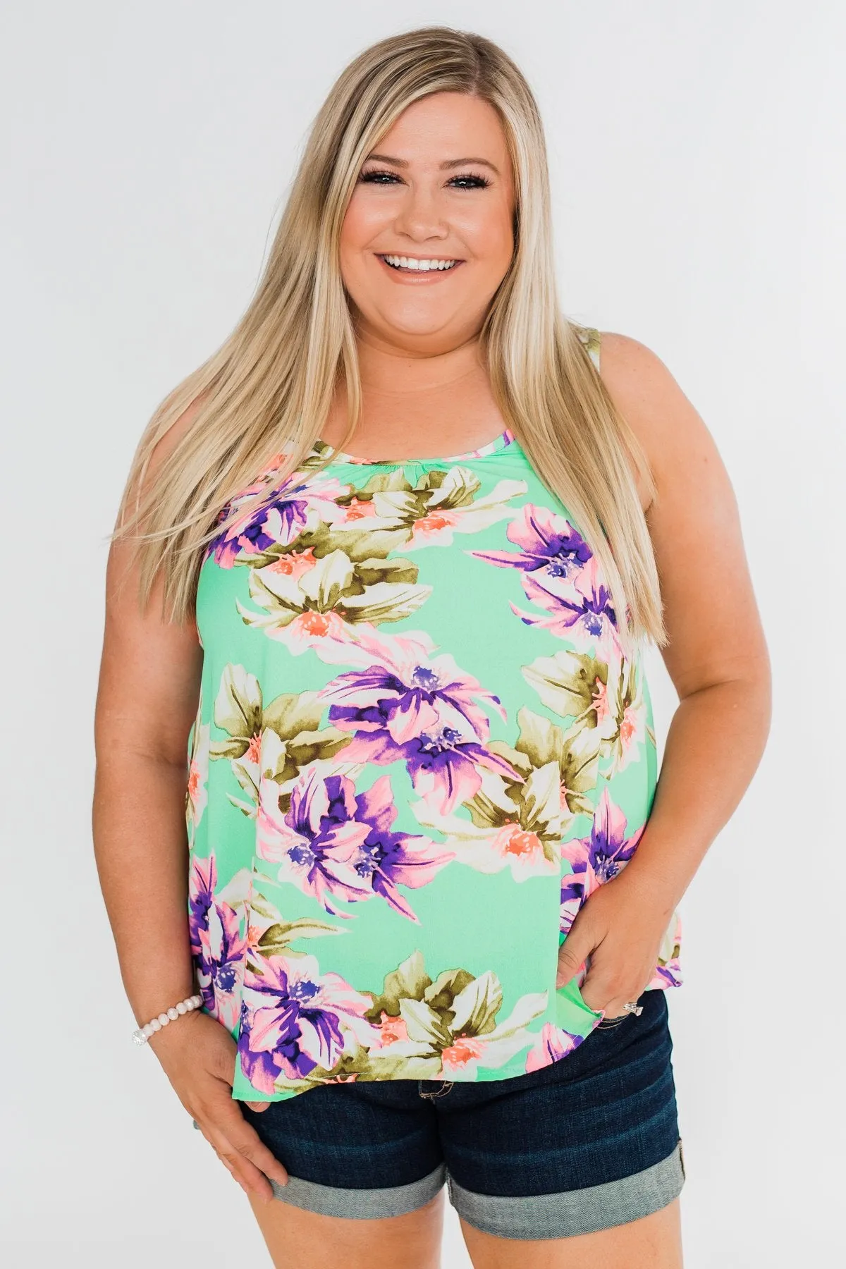 Another Day in Paradise Floral Tank Top- Bright Mint