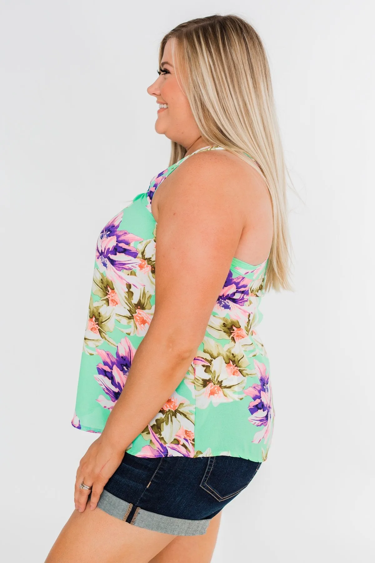 Another Day in Paradise Floral Tank Top- Bright Mint