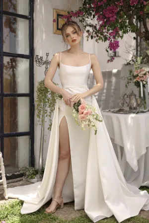 ANTONELLA GOWN Scoop Neckline High Slit Gown with Detachable Ball Skirt (White Ivory Gazaar)