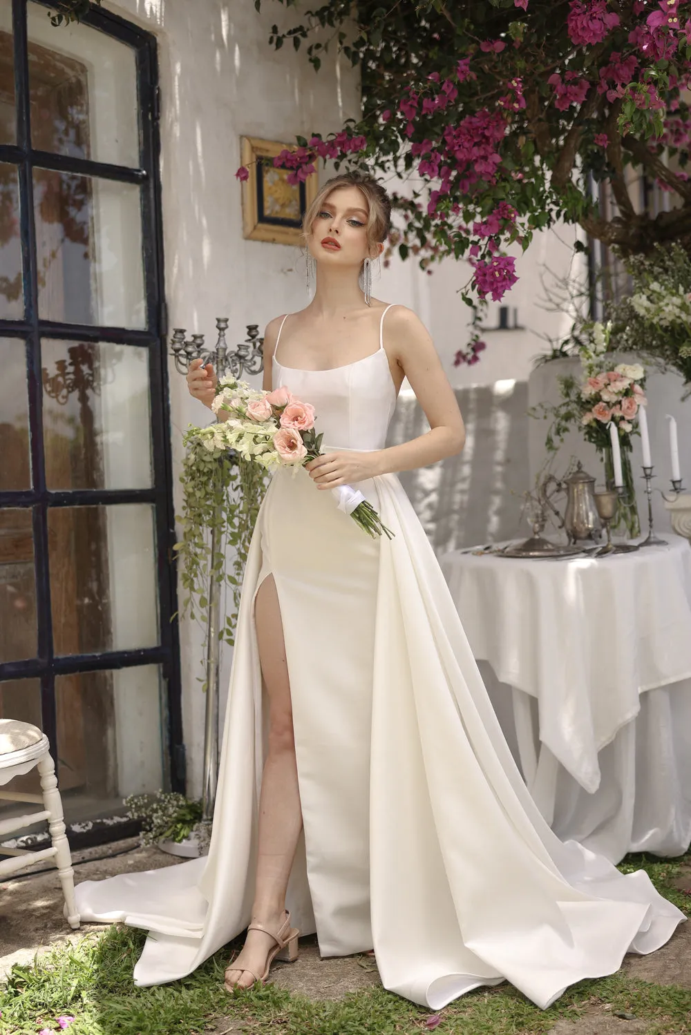 ANTONELLA GOWN Scoop Neckline High Slit Gown with Detachable Ball Skirt (White Ivory Gazaar)