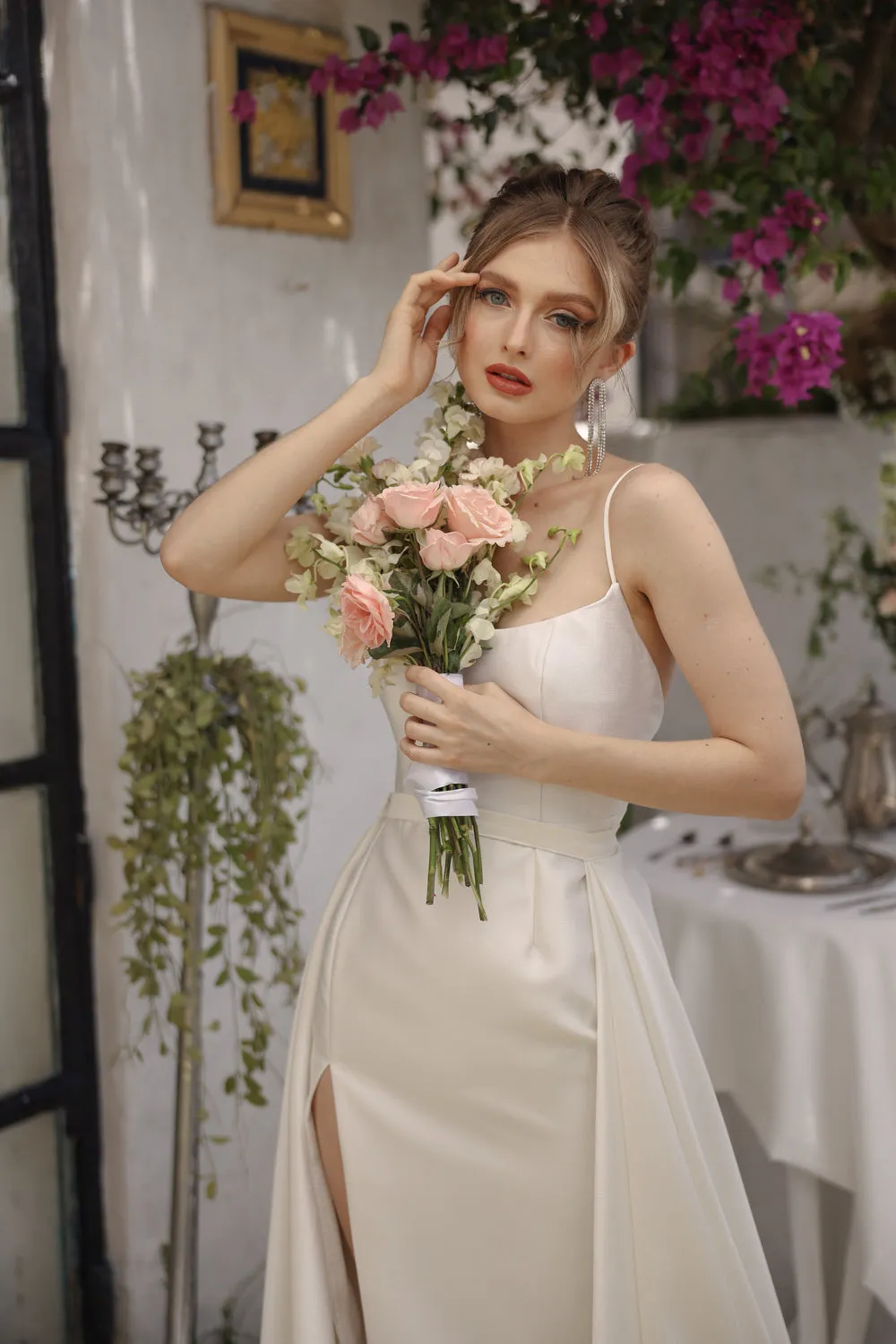ANTONELLA GOWN Scoop Neckline High Slit Gown with Detachable Ball Skirt (White Ivory Gazaar)
