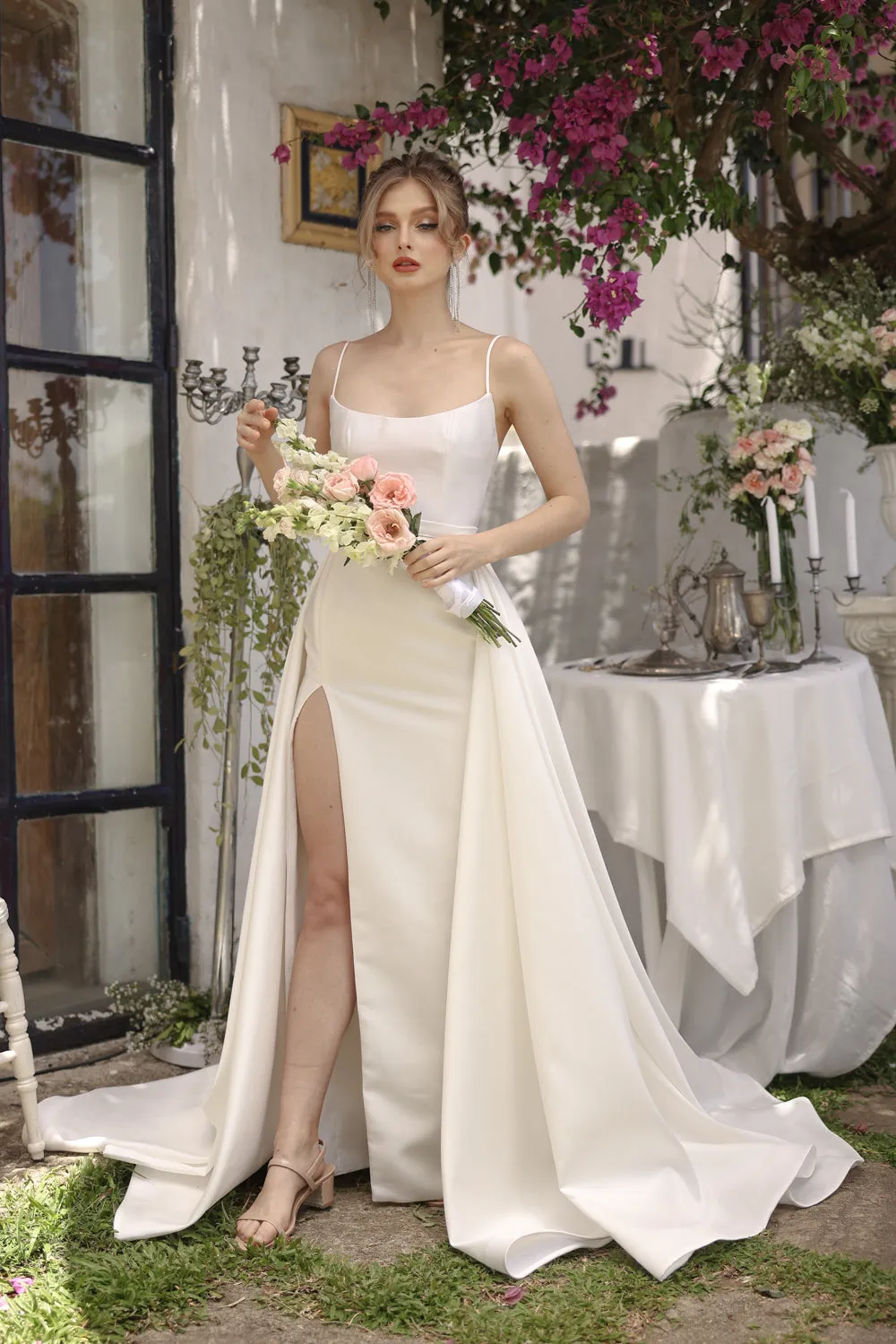 ANTONELLA GOWN Scoop Neckline High Slit Gown with Detachable Ball Skirt (White Ivory Gazaar)