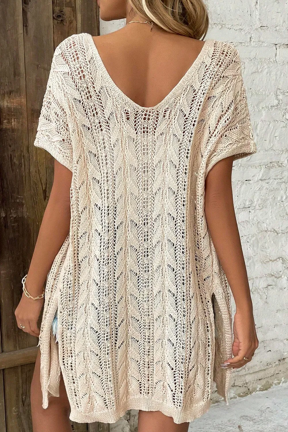 Apricot Semi-sheer Hollowed Knit Vacation Cardigan