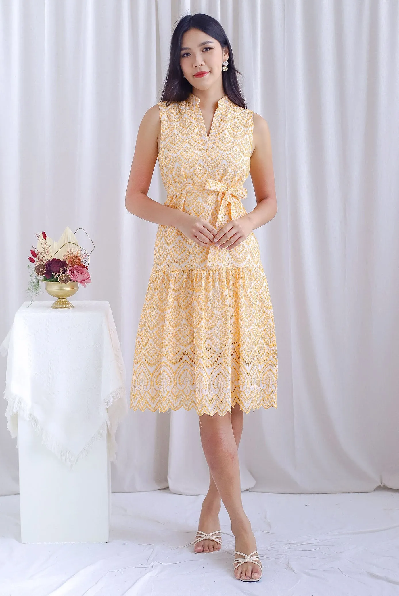 Arrie Embro Oriental Collar Tiered Dress In Yellow