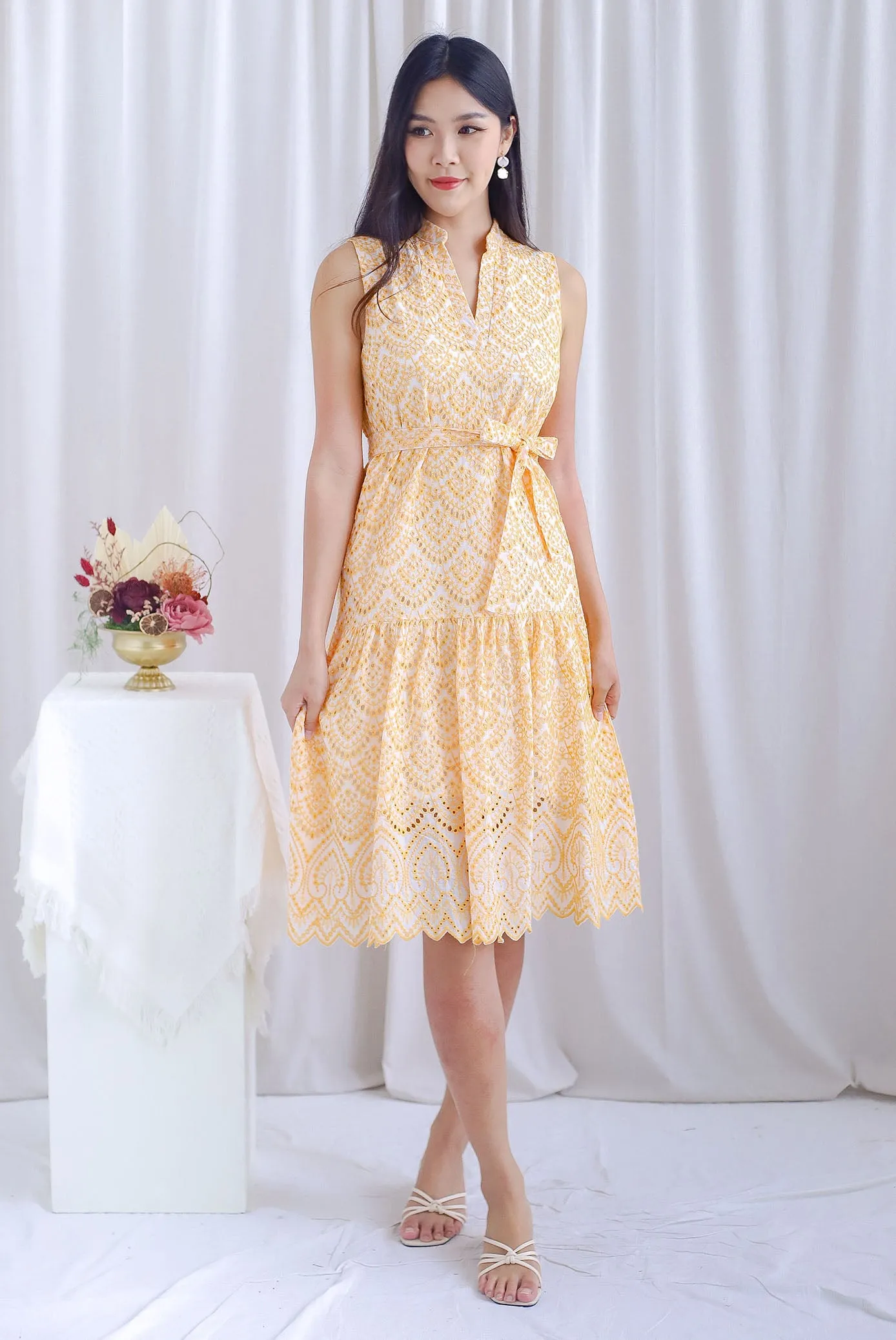 Arrie Embro Oriental Collar Tiered Dress In Yellow