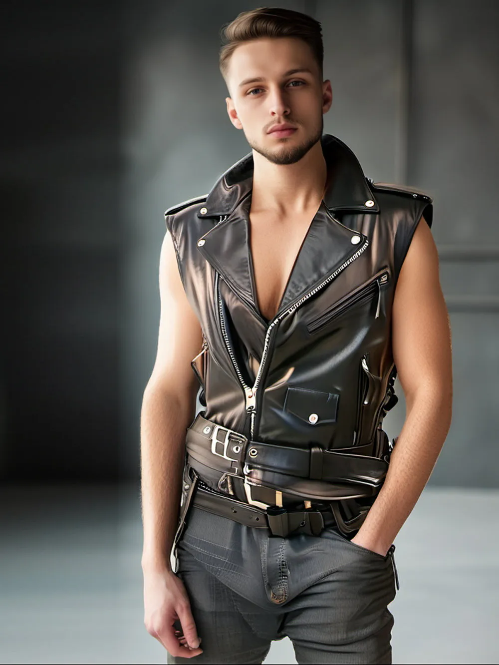 Asymmetrical Cut Genuine Leather Vest for Men