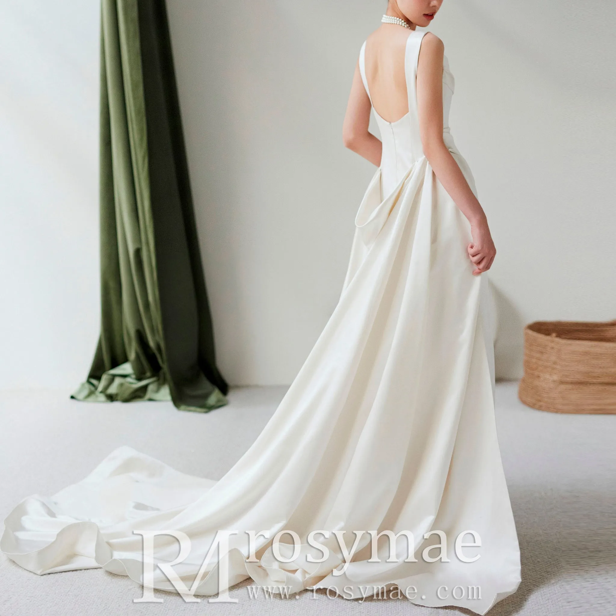 Asymmetrical Neck Satin Wedding Dress with Detachable Train