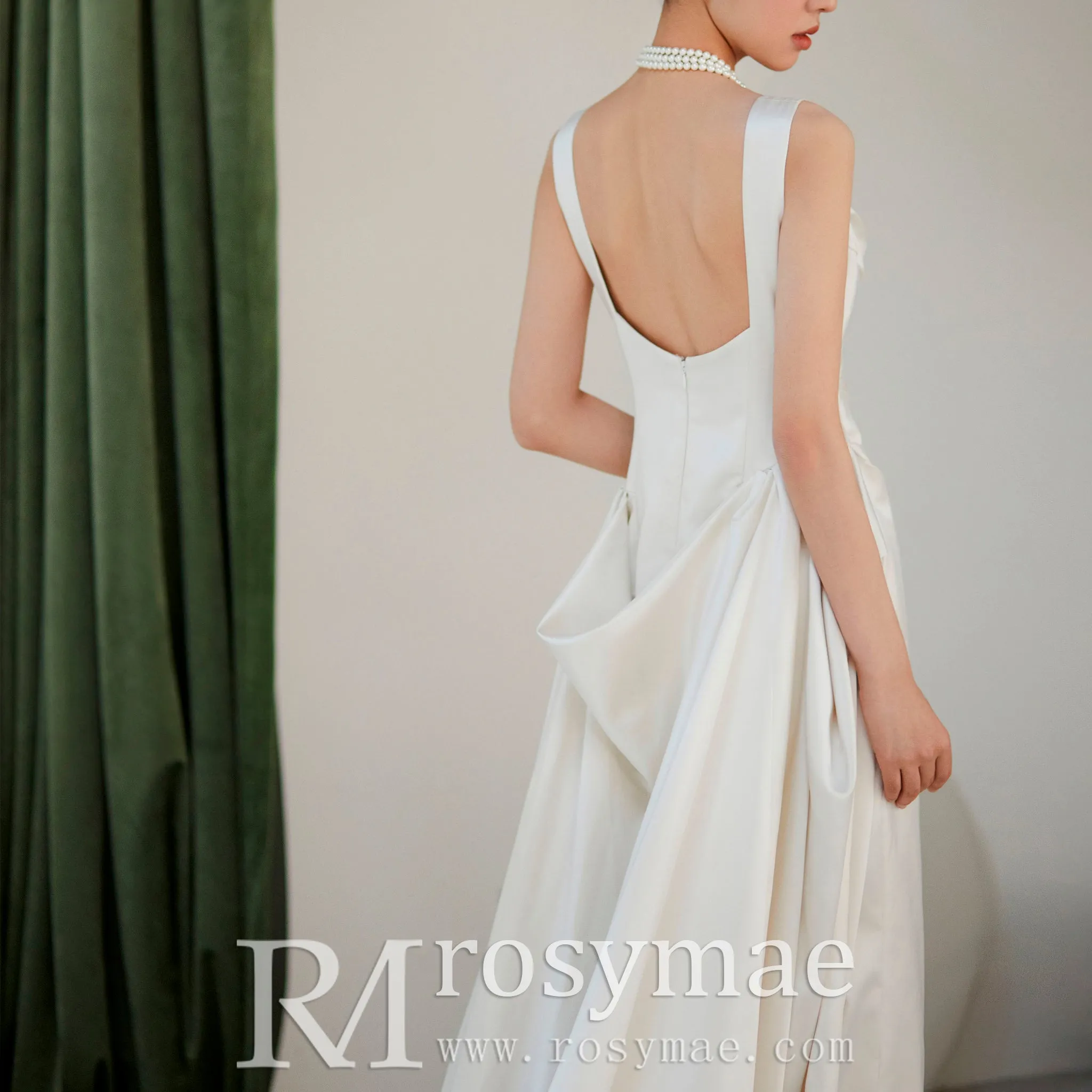 Asymmetrical Neck Satin Wedding Dress with Detachable Train
