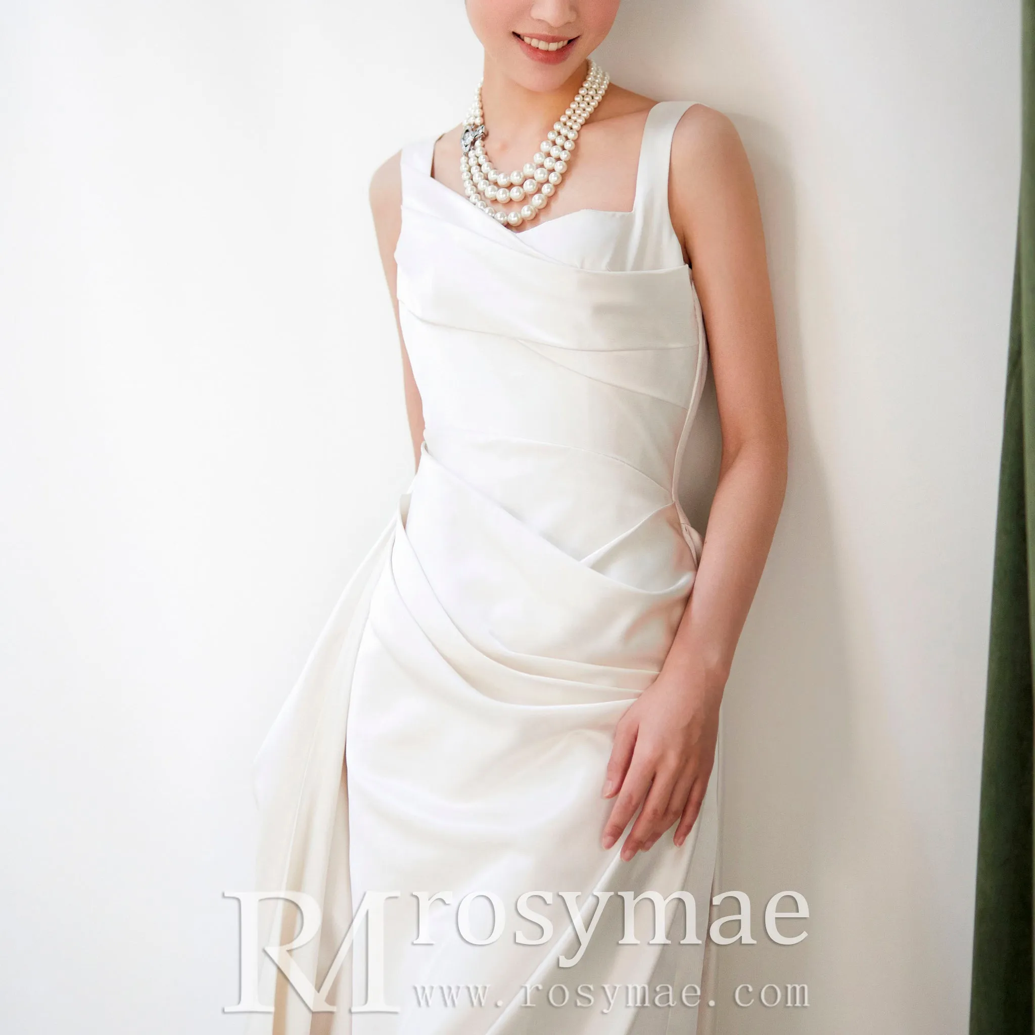 Asymmetrical Neck Satin Wedding Dress with Detachable Train