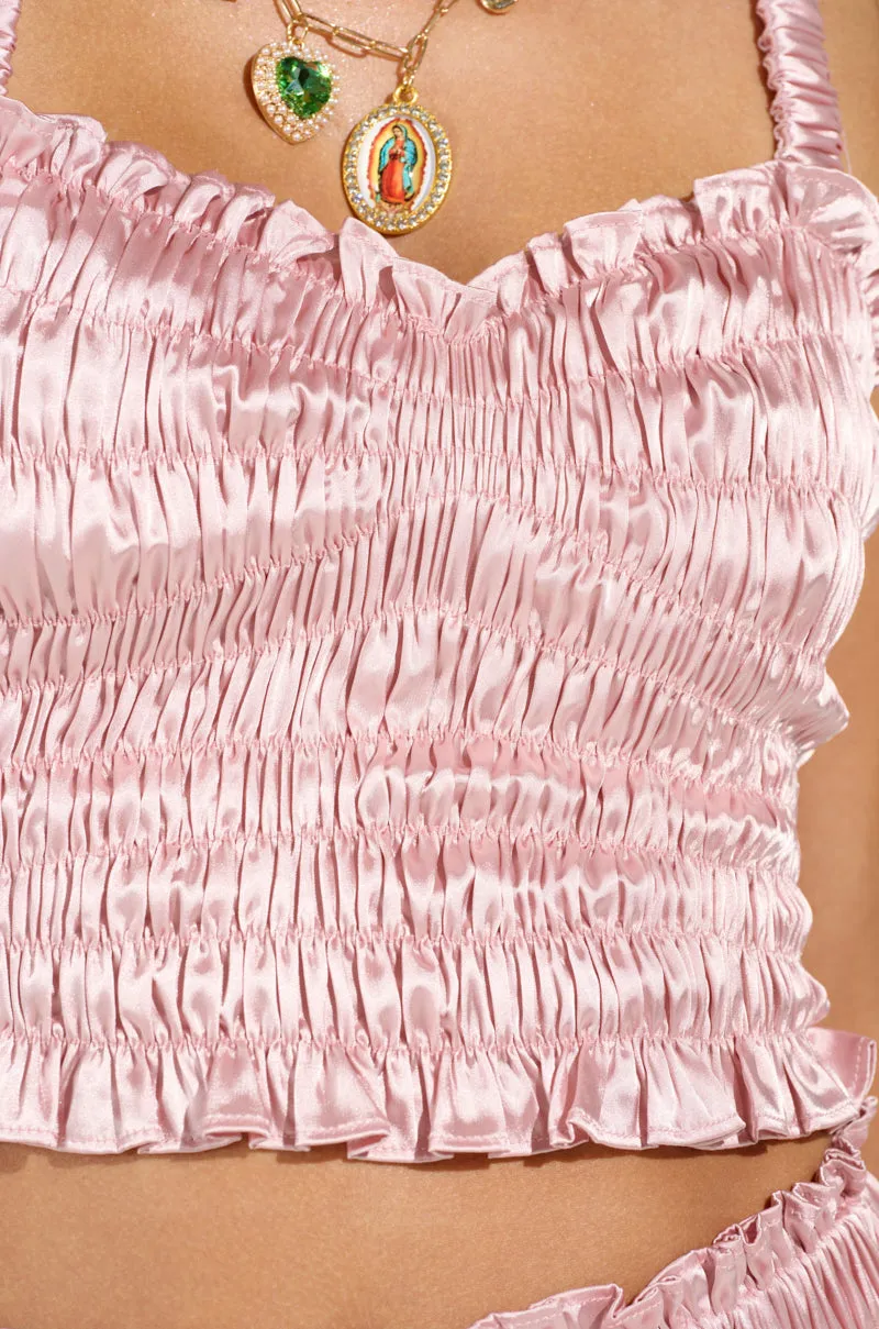 BABY DOLL RUCHED SATIN HALTER TOP