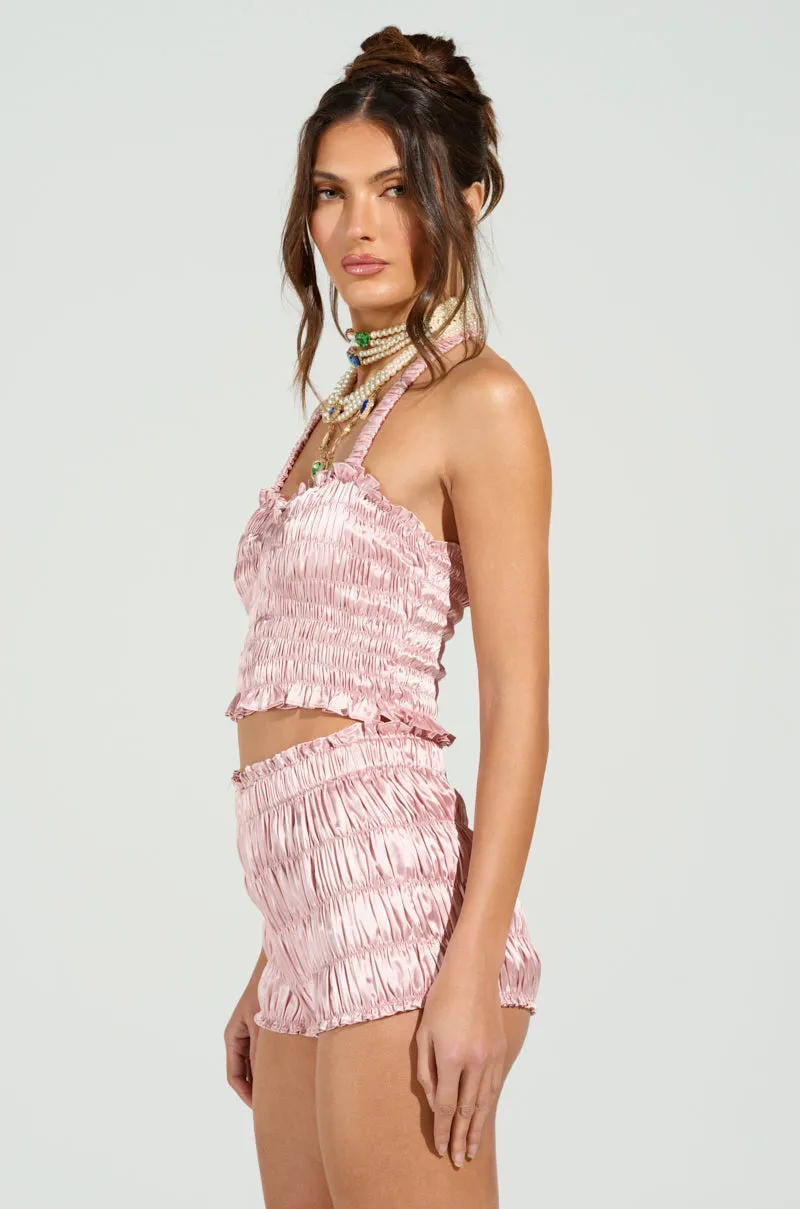 BABY DOLL RUCHED SATIN HALTER TOP