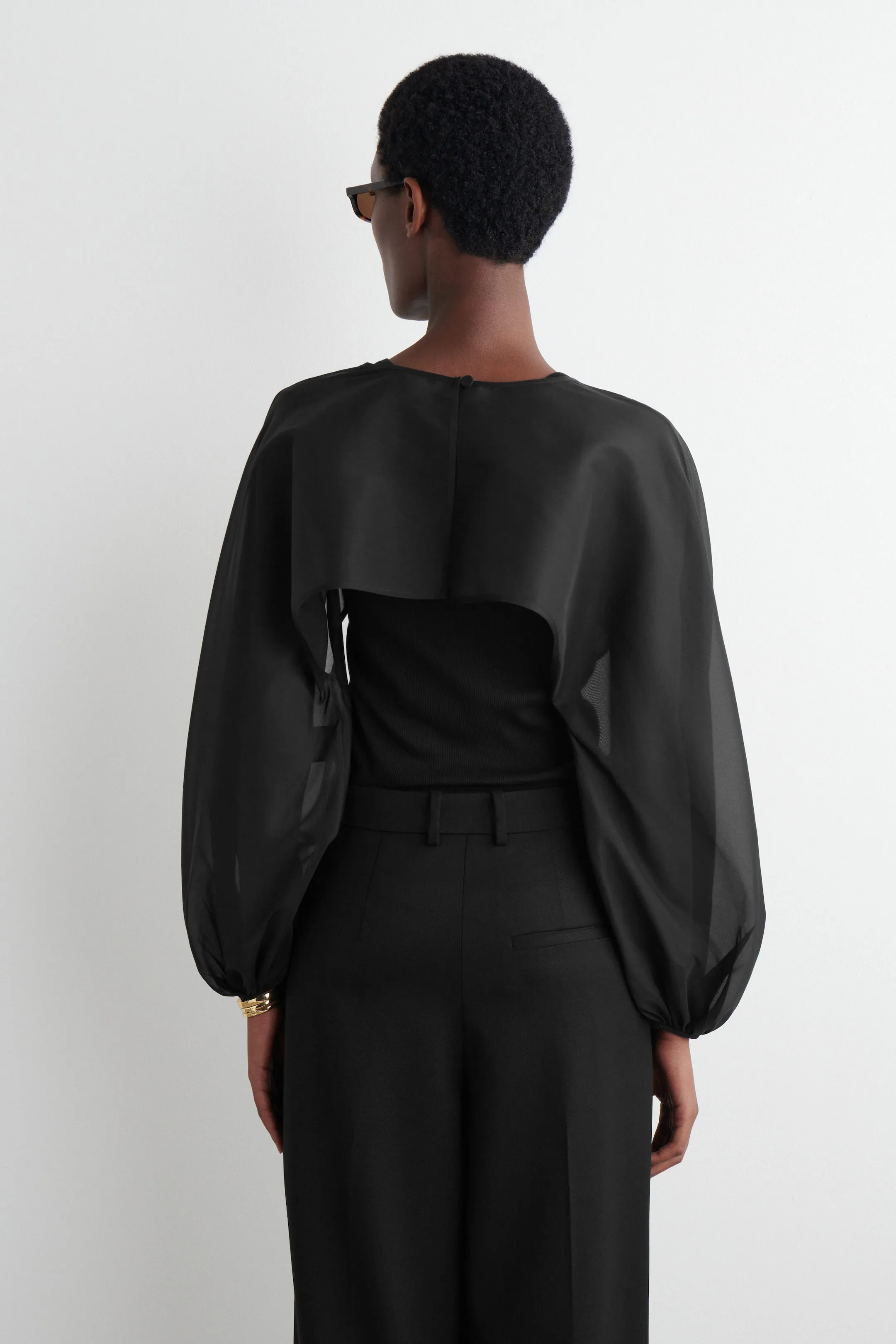 Balloon-sleeve sheer silk hybrid