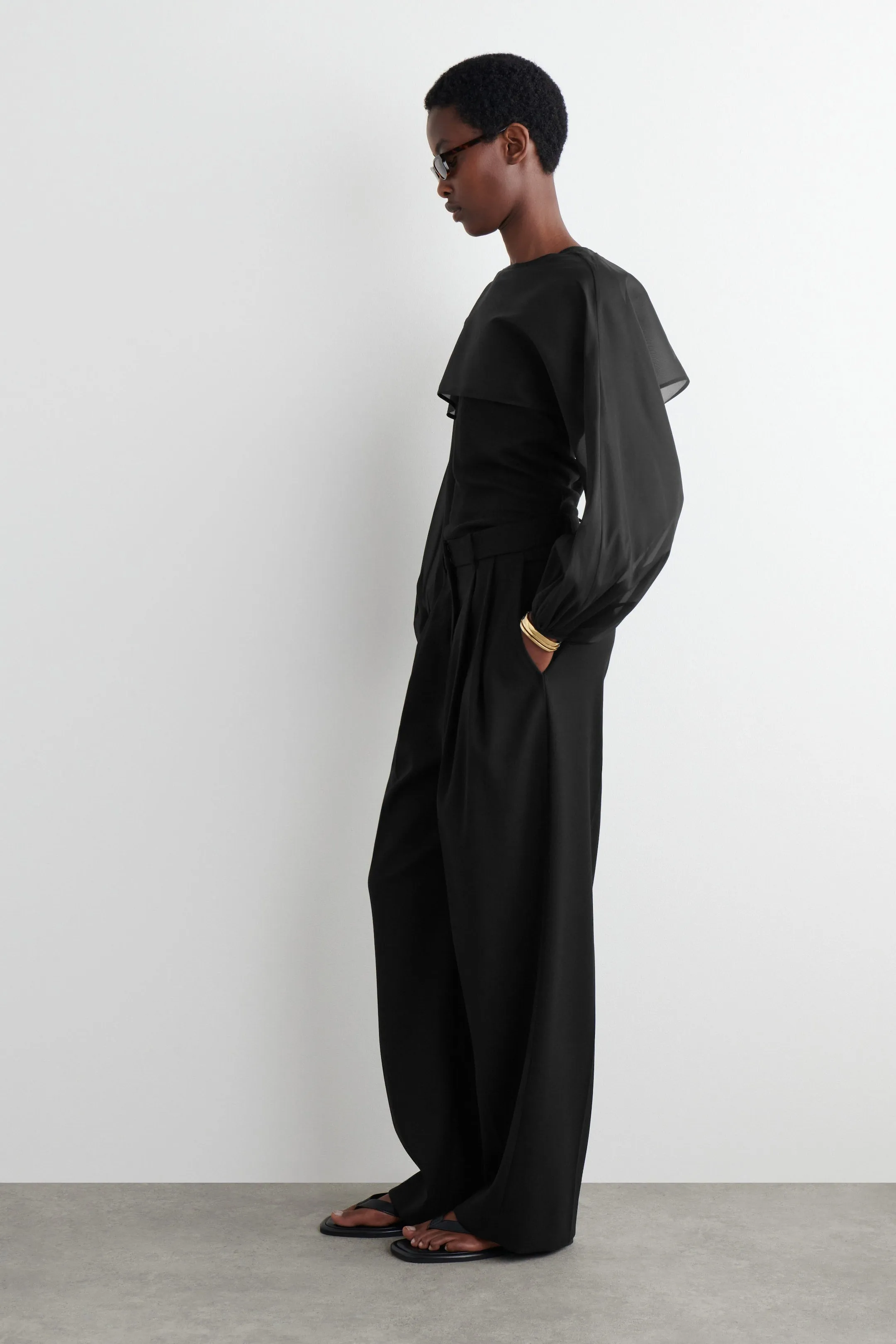 Balloon-sleeve sheer silk hybrid