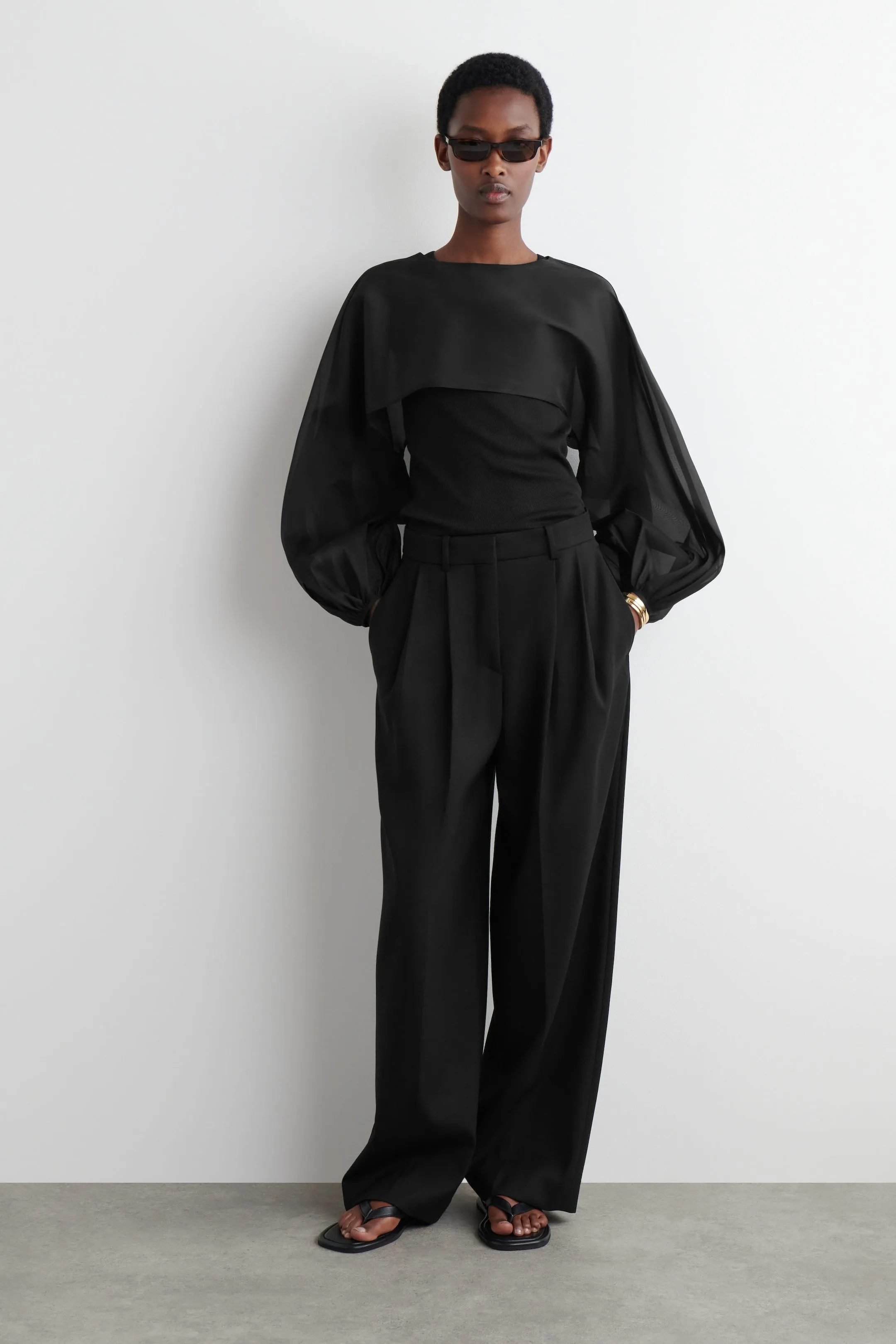 Balloon-sleeve sheer silk hybrid