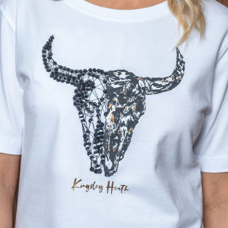 Beaded Paint Skull Regular Crew Tee - Pelican