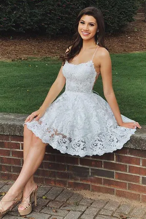 Beautiful White Lace A-line Spaghetti Straps Backless Homecoming Dresses, MH532