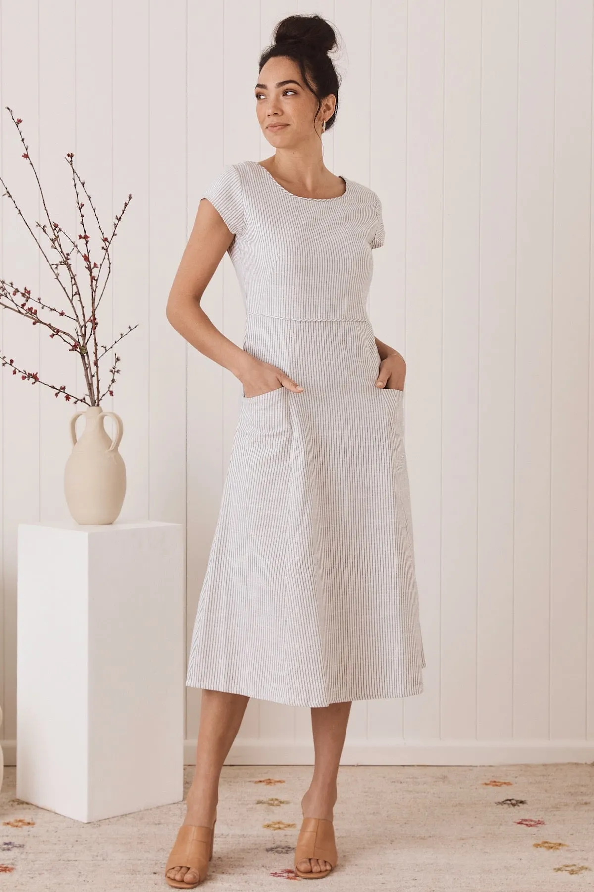 Belle Midi Dress -  Handloomed White Stripe