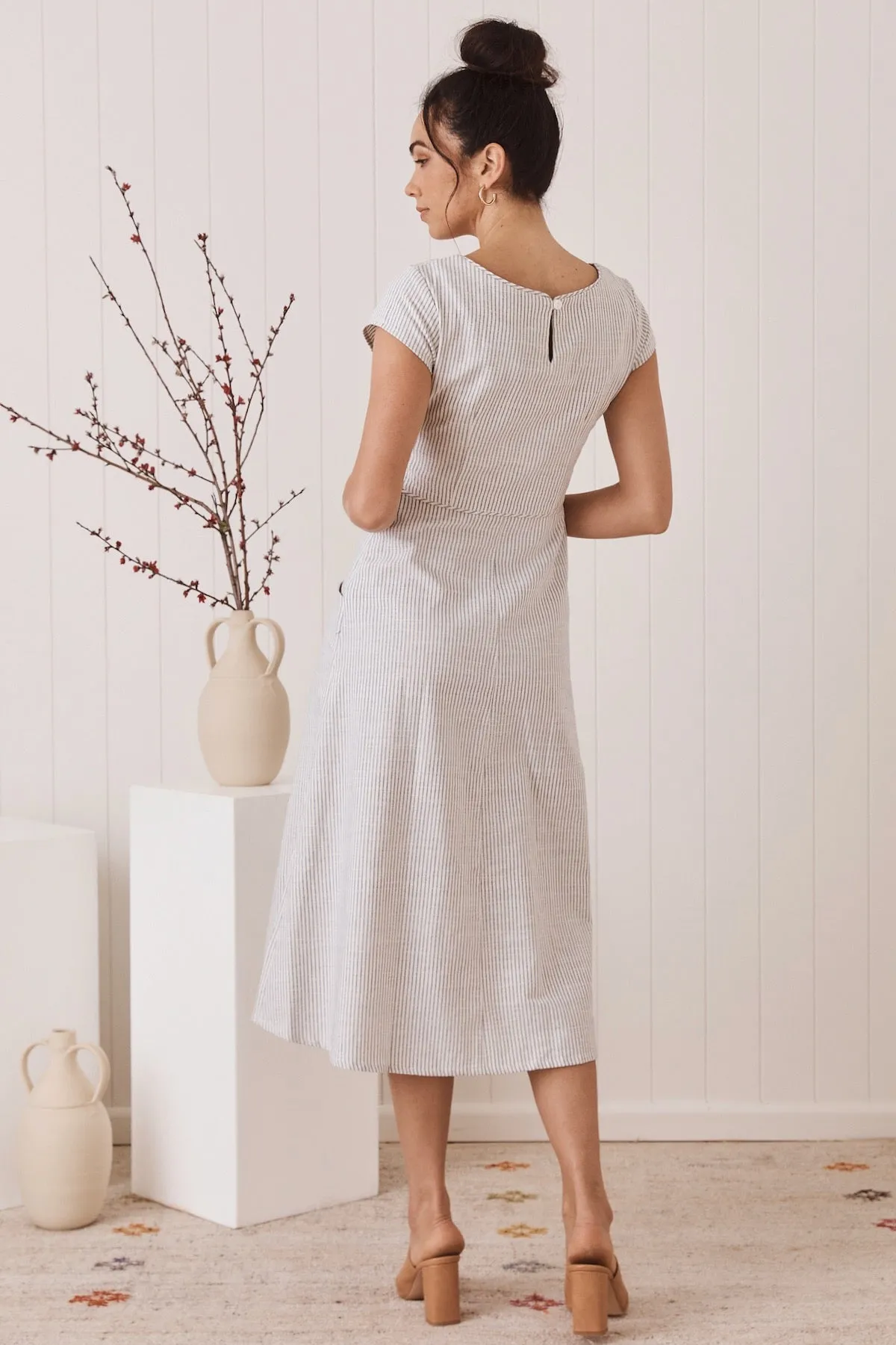 Belle Midi Dress -  Handloomed White Stripe