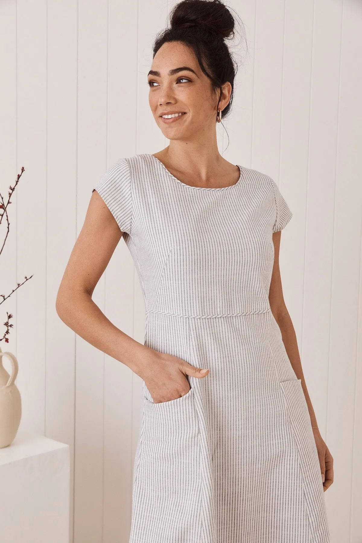 Belle Midi Dress -  Handloomed White Stripe