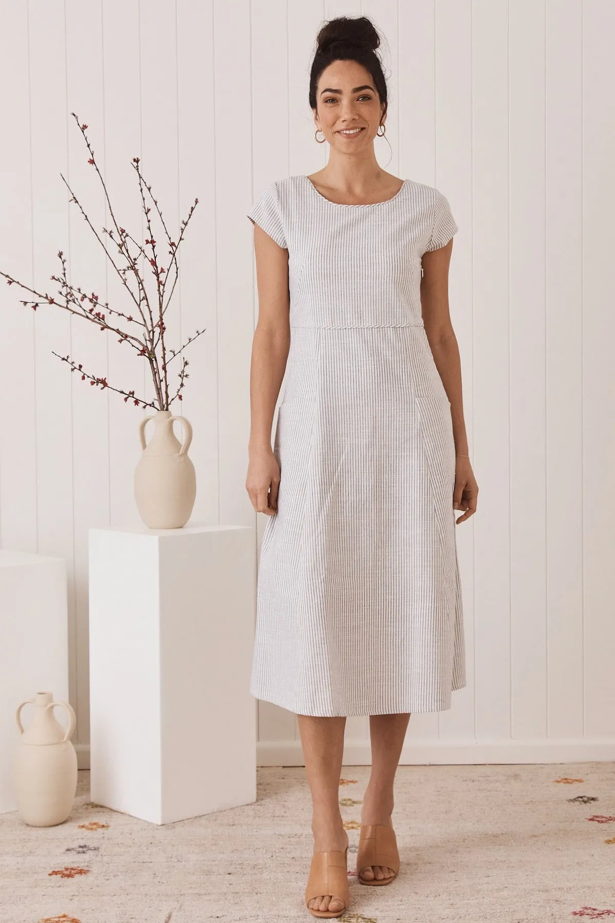 Belle Midi Dress -  Handloomed White Stripe