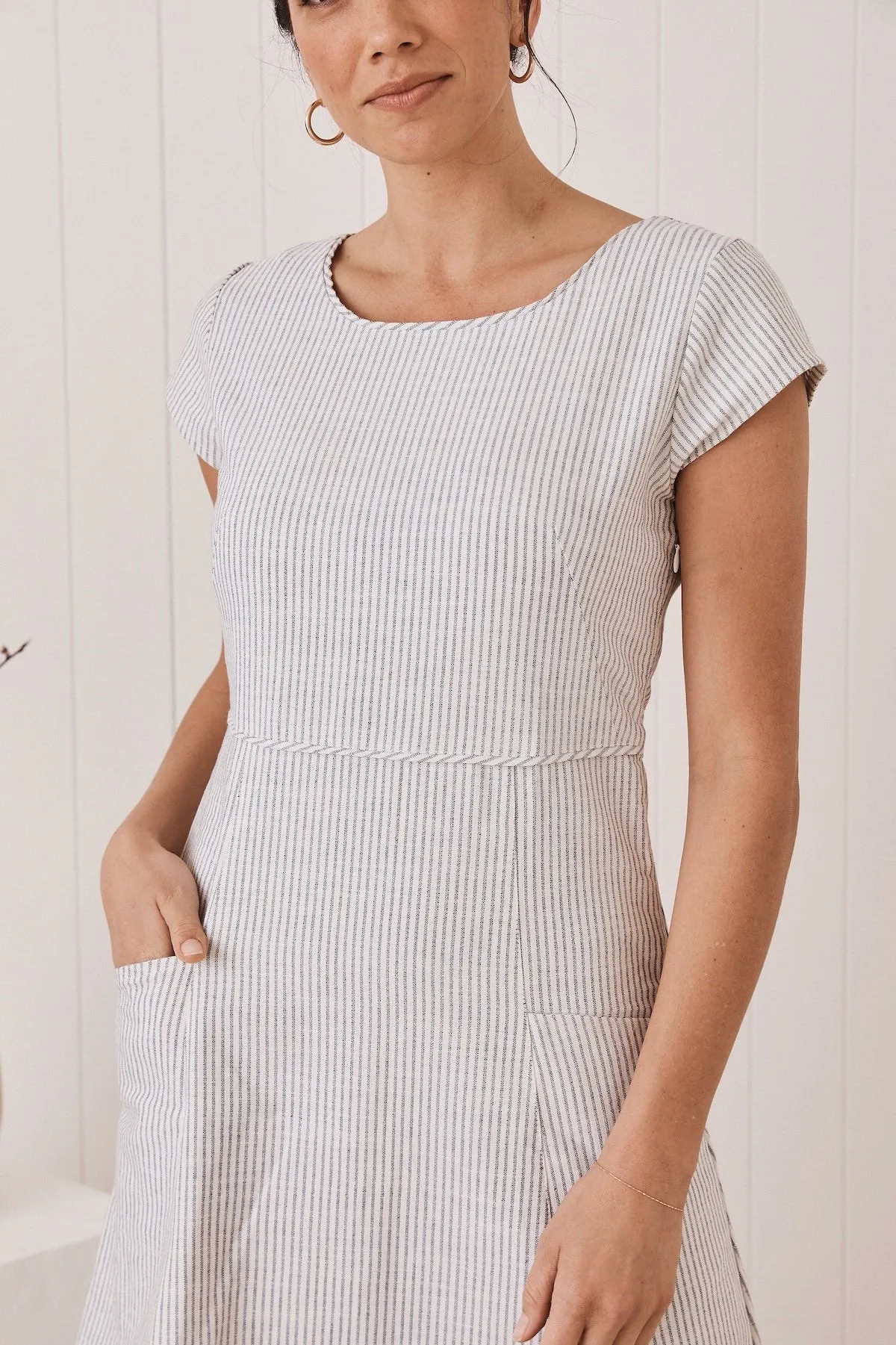 Belle Midi Dress -  Handloomed White Stripe