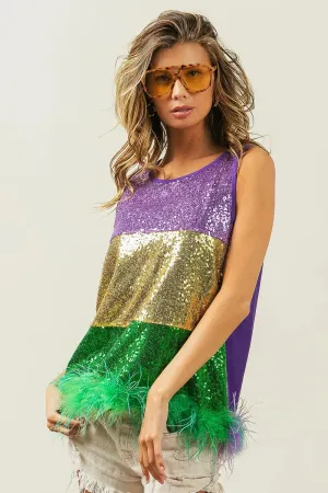 BiBi Mardi Gras Color Block Sequin Top with Faux Feather Hem