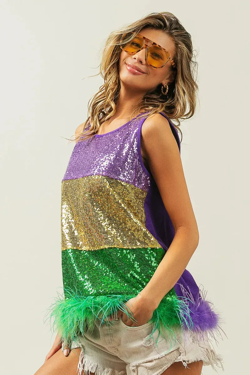 BiBi Mardi Gras Color Block Sequin Top with Faux Feather Hem