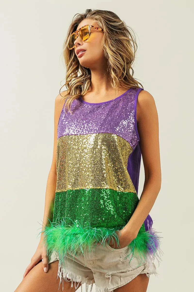 BiBi Mardi Gras Color Block Sequin Top with Faux Feather Hem