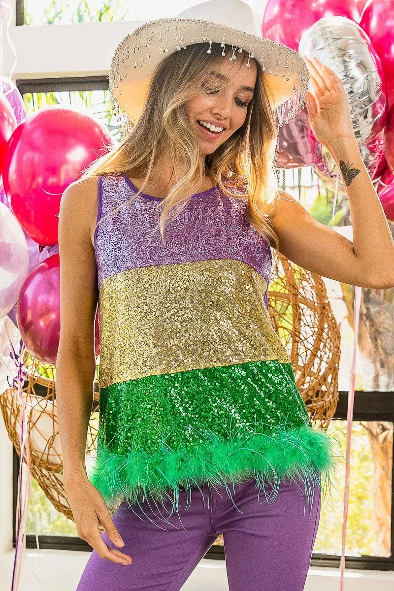 BiBi Mardi Gras Color Block Sequin Top with Faux Feather Hem