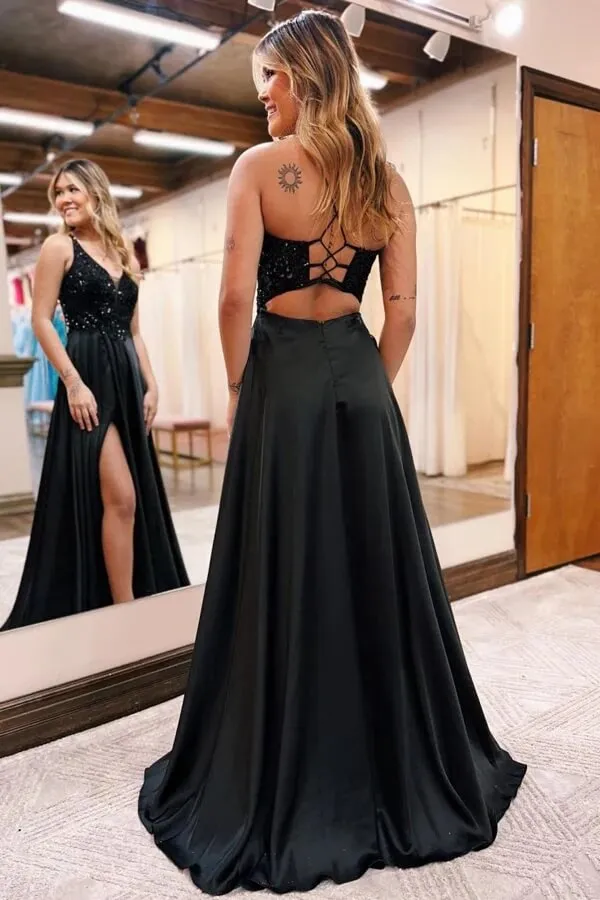 Black A-line V-neck Lace Appliques Prom Dresses With Slit, Party Dresses, MP822
