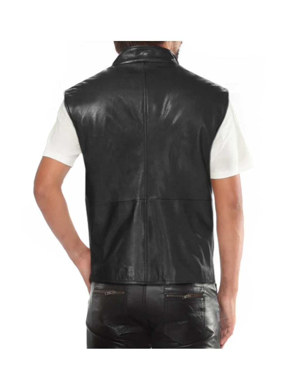 Black Biker Genuine Leather Vest With Flap Pockets for Men