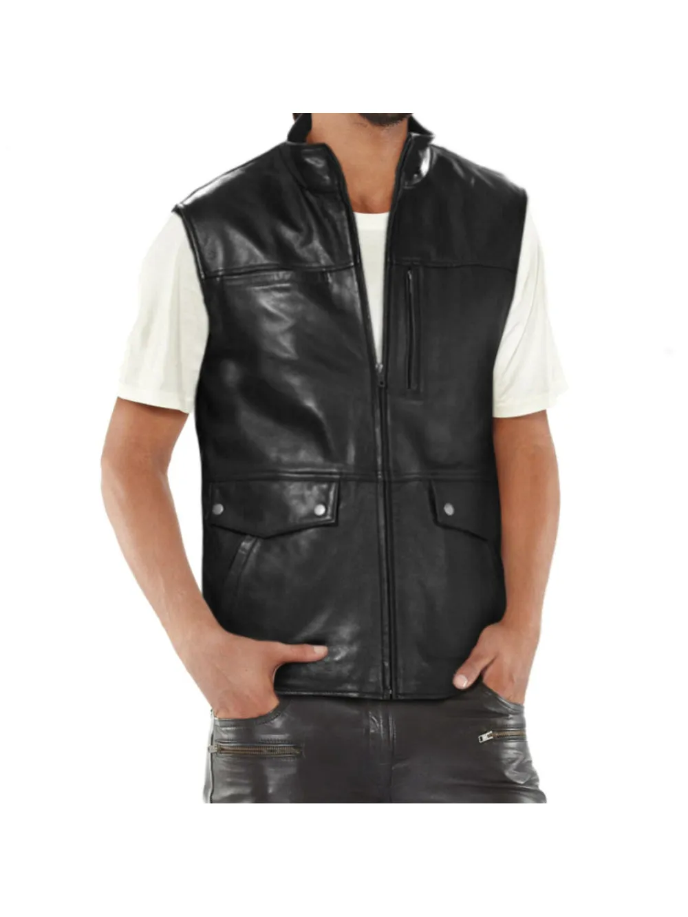 Black Biker Genuine Leather Vest With Flap Pockets for Men