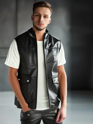 Black Biker Genuine Leather Vest With Flap Pockets for Men