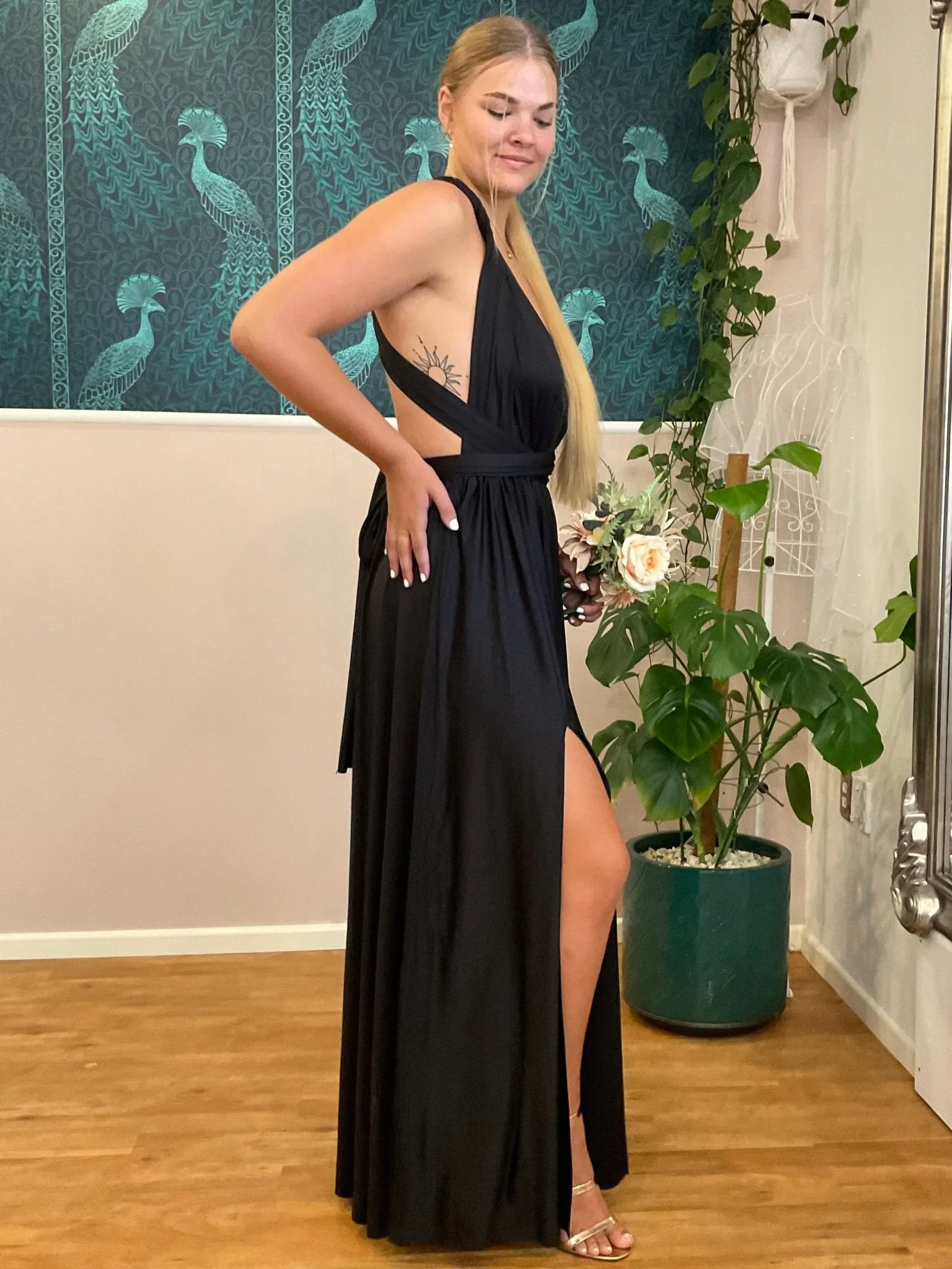 Black Convertible Infinity bridesmaid dress with Split Express NZ wide