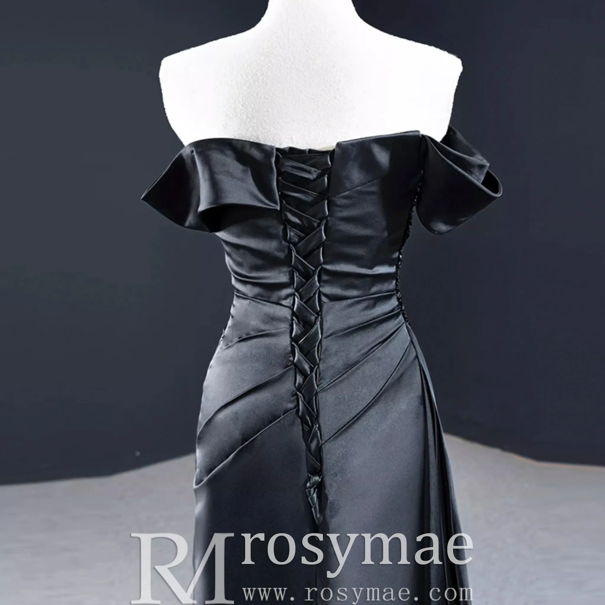 Black High Slit A-Line Beaded Party Gowns Evening Dress