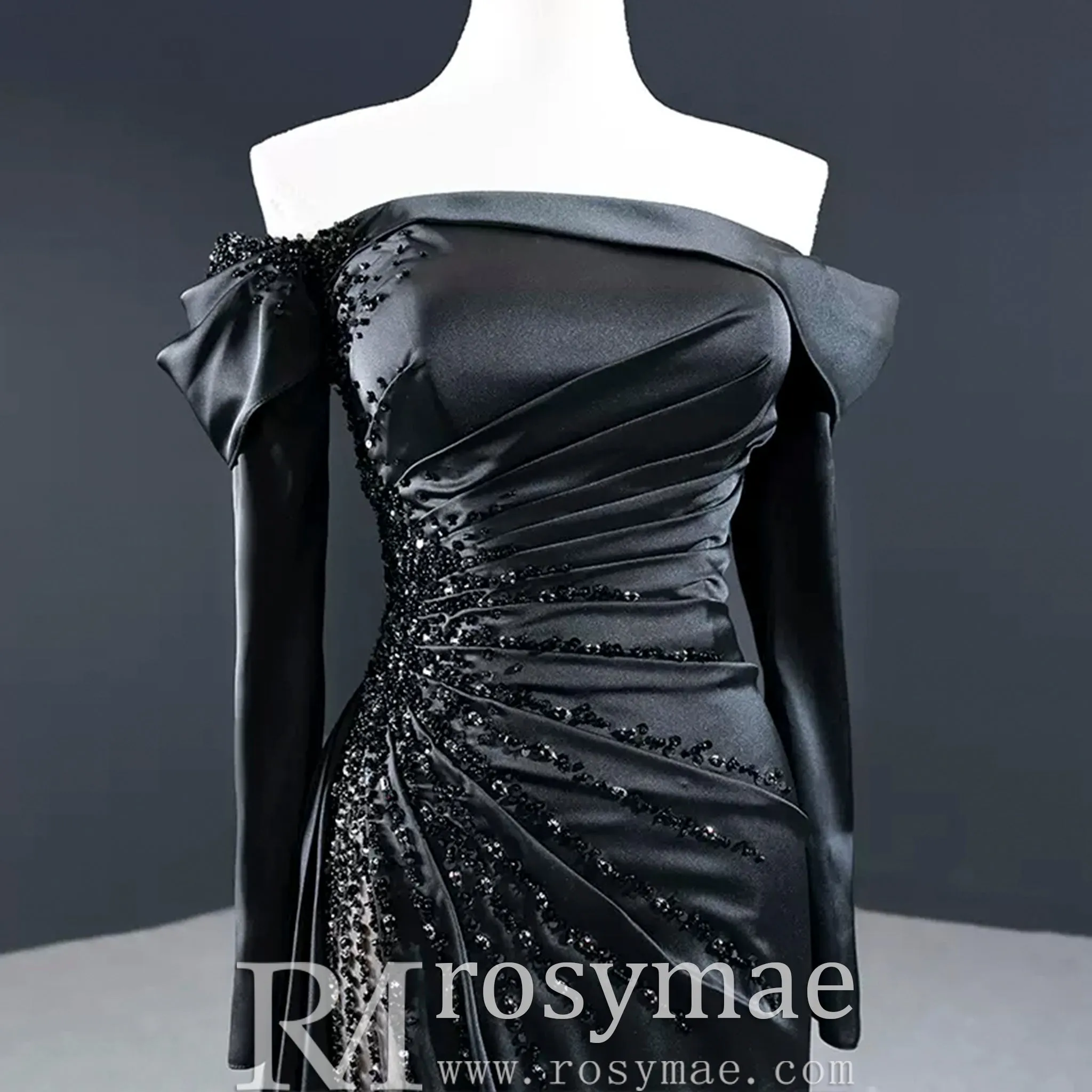 Black High Slit A-Line Beaded Party Gowns Evening Dress