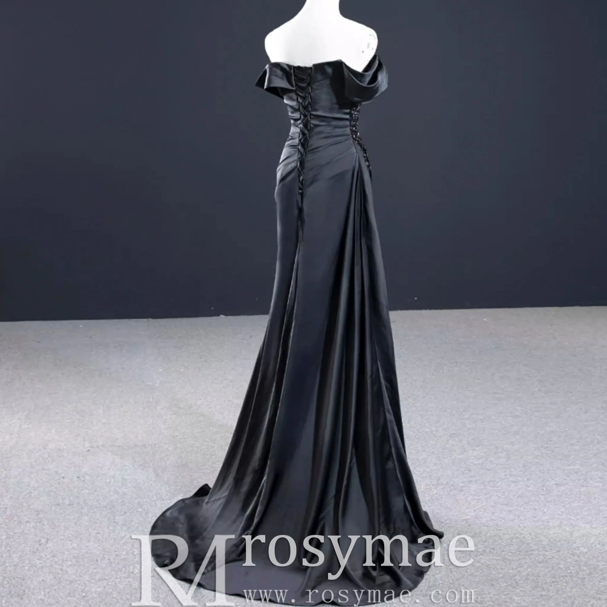 Black High Slit A-Line Beaded Party Gowns Evening Dress
