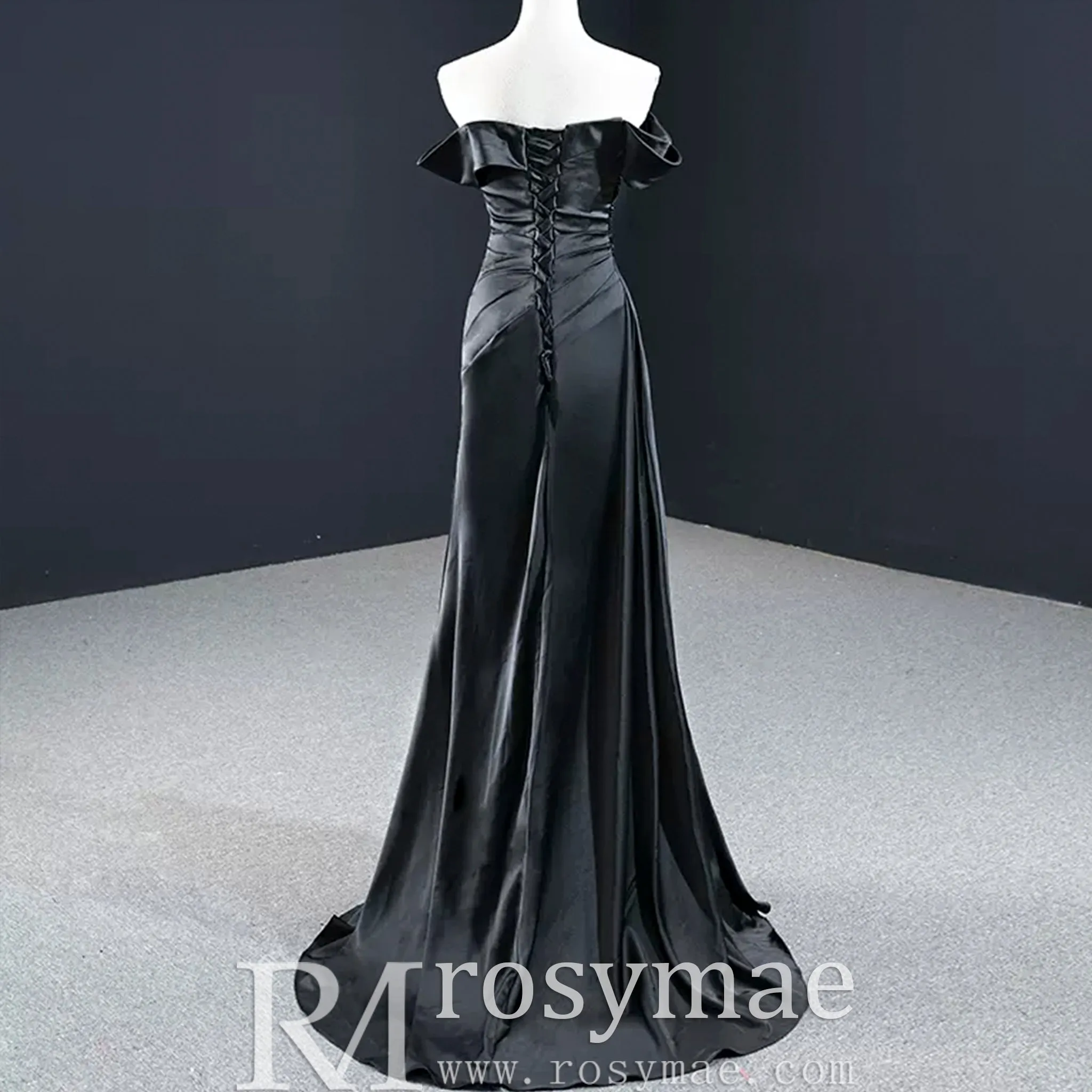 Black High Slit A-Line Beaded Party Gowns Evening Dress