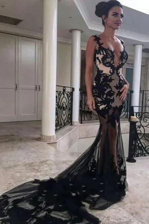 Black Mermaid V-neck Long Prom Dresses With Lace Appliques, Party Dress, MP846
