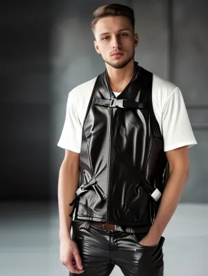 Black Motorcycle Genuine Leather Vest With Buckle Harness for Men