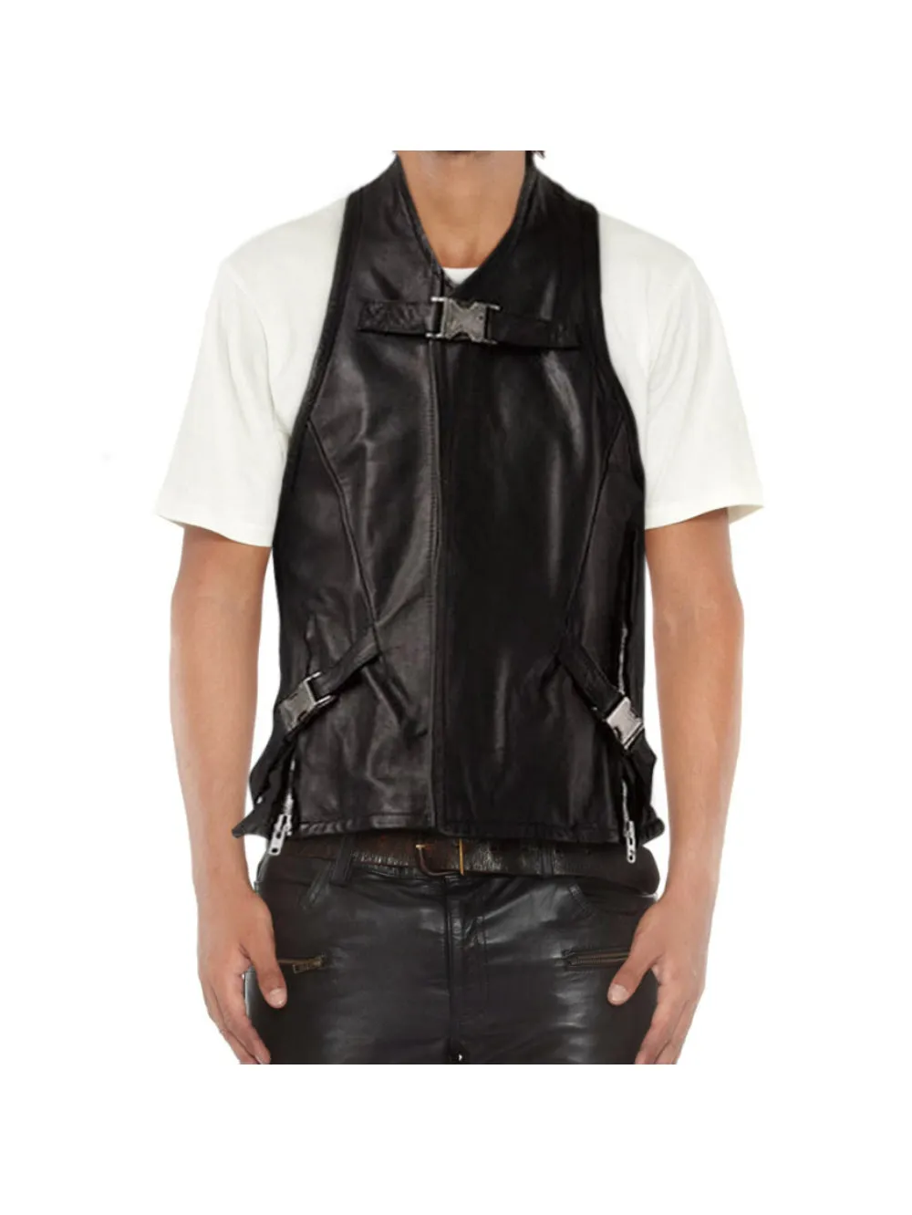 Black Motorcycle Genuine Leather Vest With Buckle Harness for Men