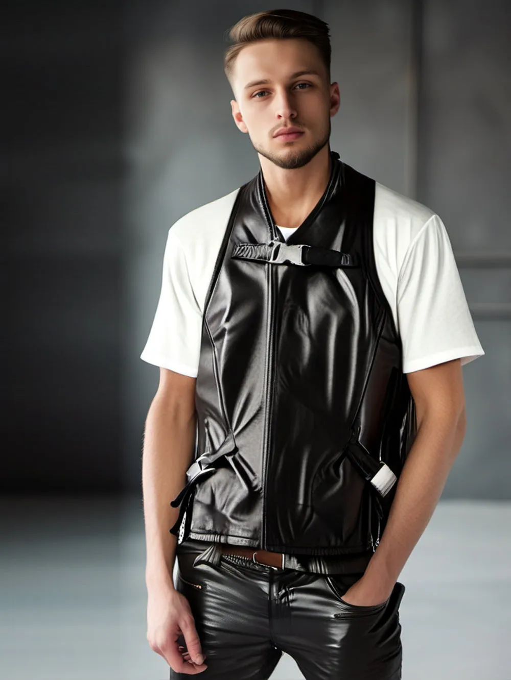 Black Motorcycle Genuine Leather Vest With Buckle Harness for Men