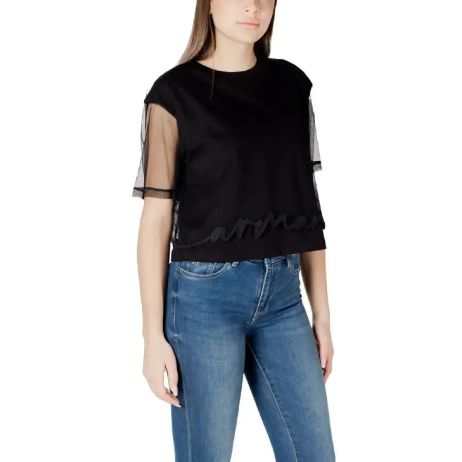 Black T Shirt with Sheer Sleeves
